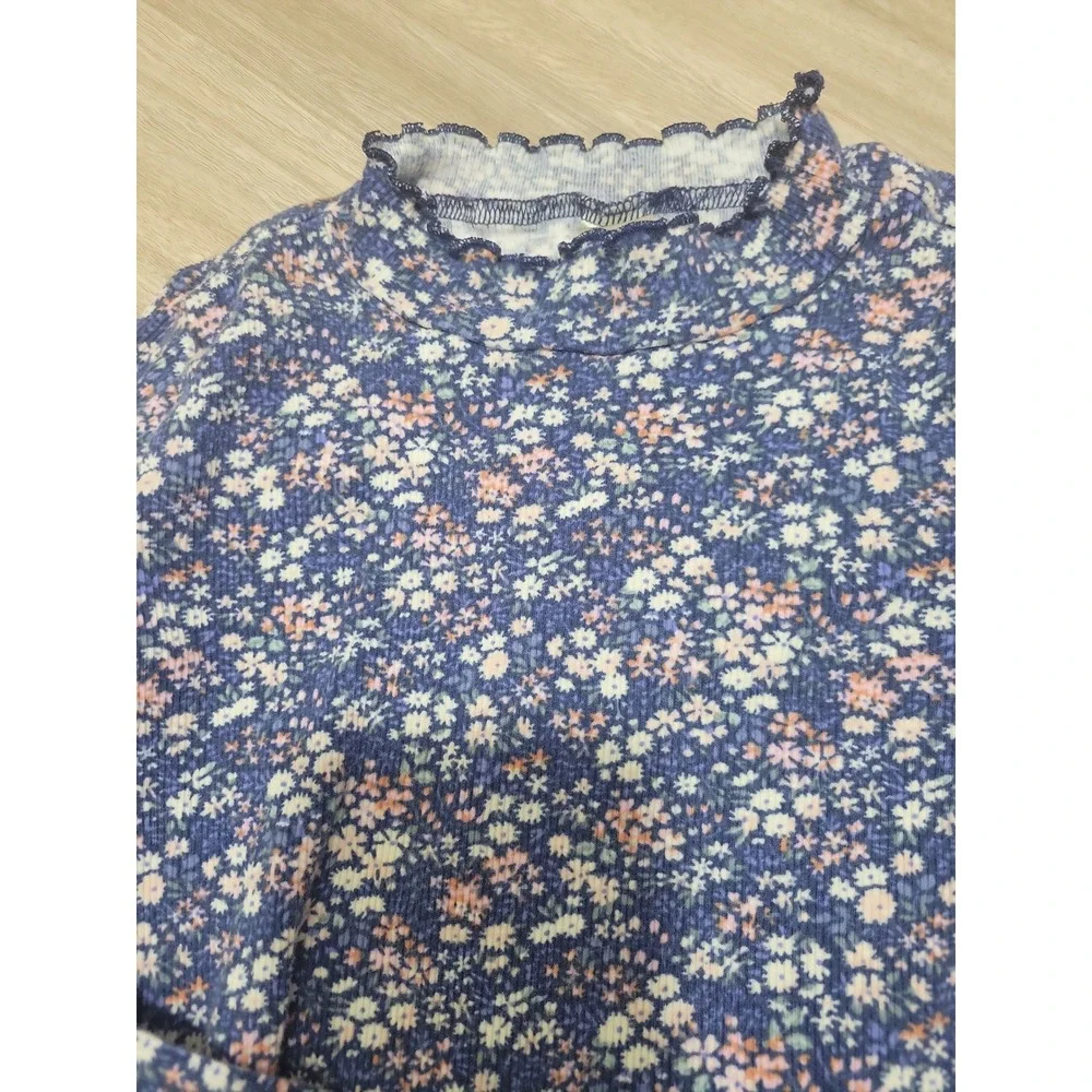 OshKosh B'gosh Girls Blue Ditsy Floral Ribbed Mock Neck Long Sleeve Top Size 8